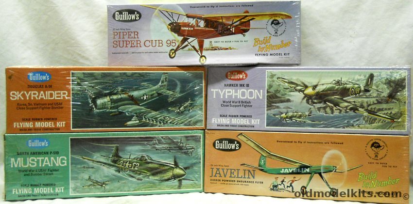 Guillows 905 P-51D Mustang 17.25 Inch Wingspan / 602 Piper Super Cub 20 Inch WS / 603 Javelin 24 Inch WS / 906 Typhoon 18 Inch WS / 904 Douglas A-1H Skyraider 17.25 Inch WS - Flying Balsa Wood Aircraft plastic model kit